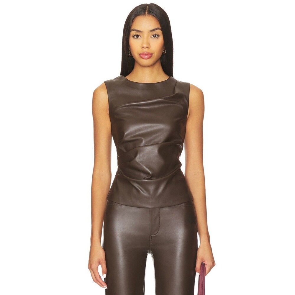 Joe's Jeans The Meg Vegan Leather Top Dark Chocolate Ruched Sleeveless XS Good